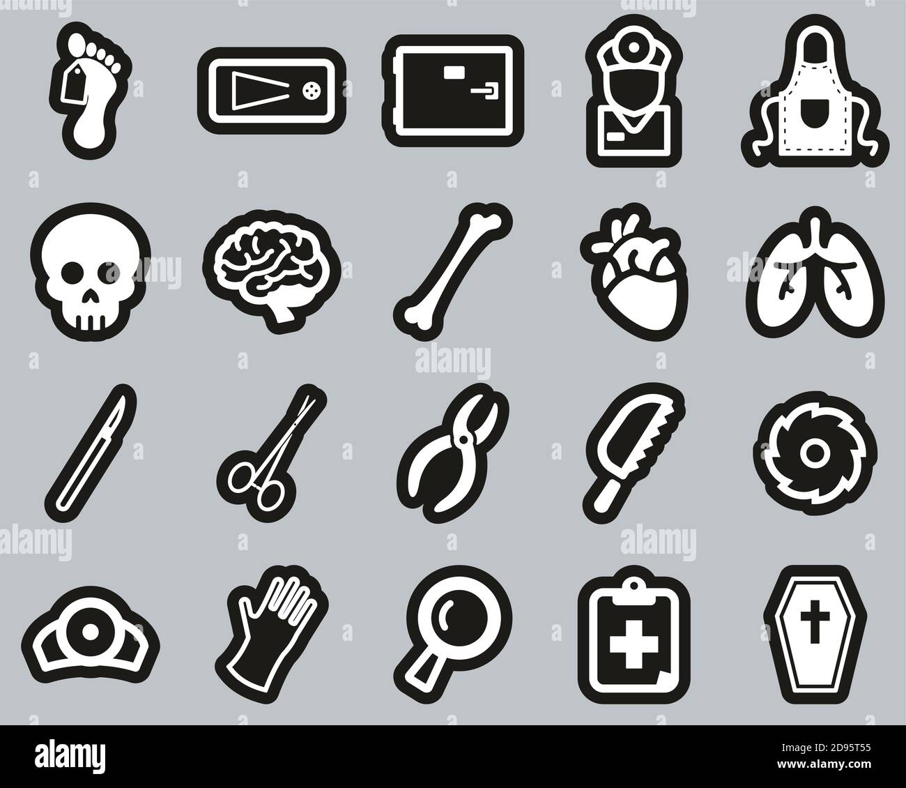 Morgue Oder Coroner Equipment Icons Weiß Auf Schwarz Sticker Set Groß Stock Vektor
