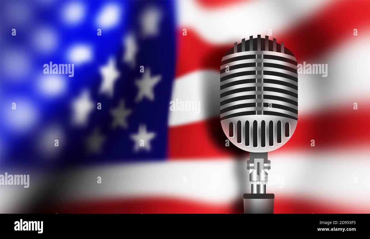 USA Flagge mit Mikrofon. Vektorgrafik. Stockfoto