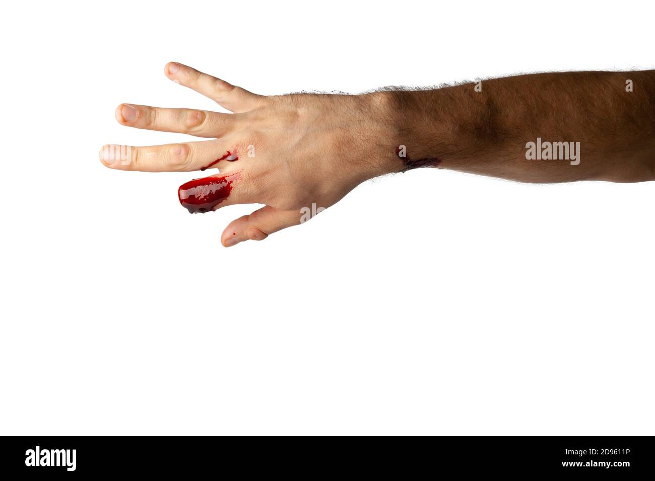 Blutige Hand isoliert auf weißem Hintergrund. Stockfoto