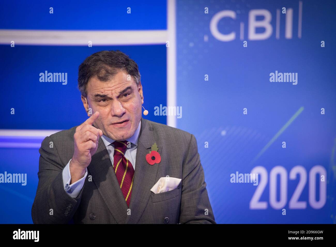 Lord Karan Bilimoria, Präsident des CBI, hält seine Keynote-Rede auf der CBI-Jahreskonferenz im ITN-Hauptquartier im Zentrum von London. Stockfoto