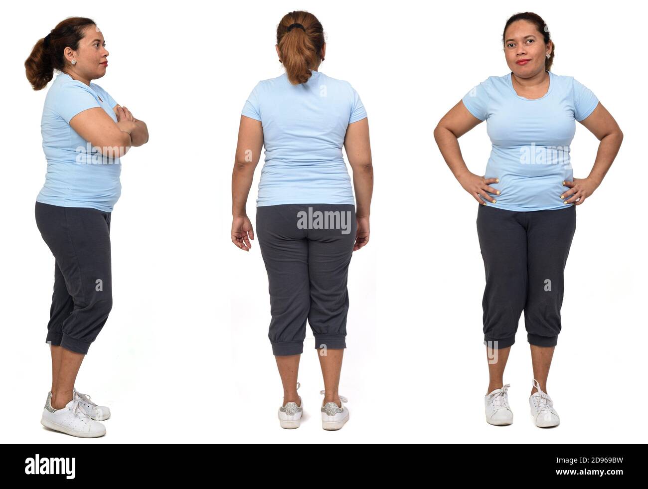 Gleiche Frau mit Sportbekleidung auf weißem Hintergrund, Vorder- und Rückseite und Seitenansicht. Stockfoto