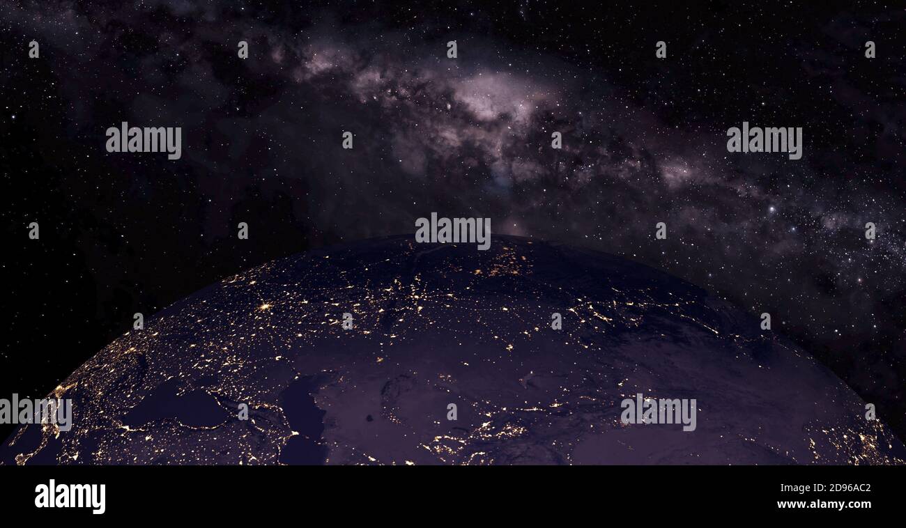 Planet Erde in Nachtszene mit nächtlichen Stadtlichtern aus dem Weltraum. Animierte Nacht Erde mit Glühbirne. 3d-Raum mit bunten Milchstraße. Stockfoto