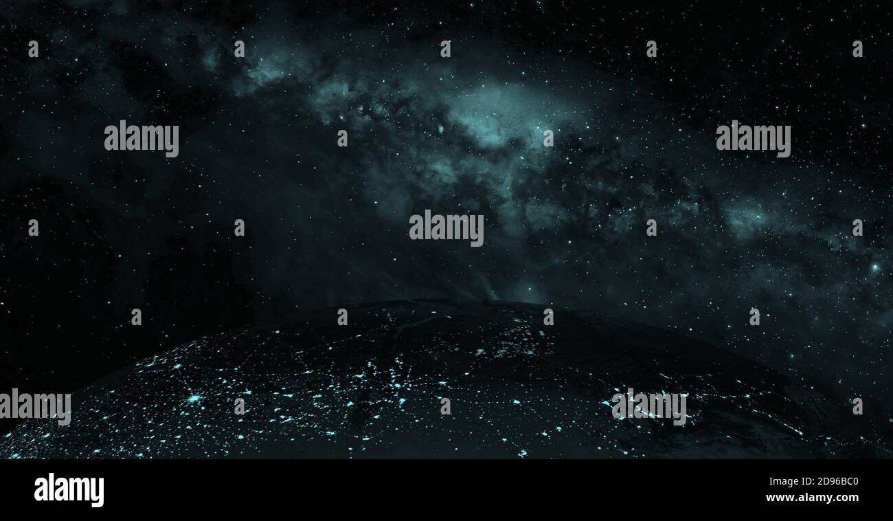 Planet Erde in Nachtszene mit nächtlichen Stadtlichtern aus dem Weltraum. Animierte Nacht Erde mit Glühbirne. 3d-Raum mit bunten Milchstraße. Stockfoto