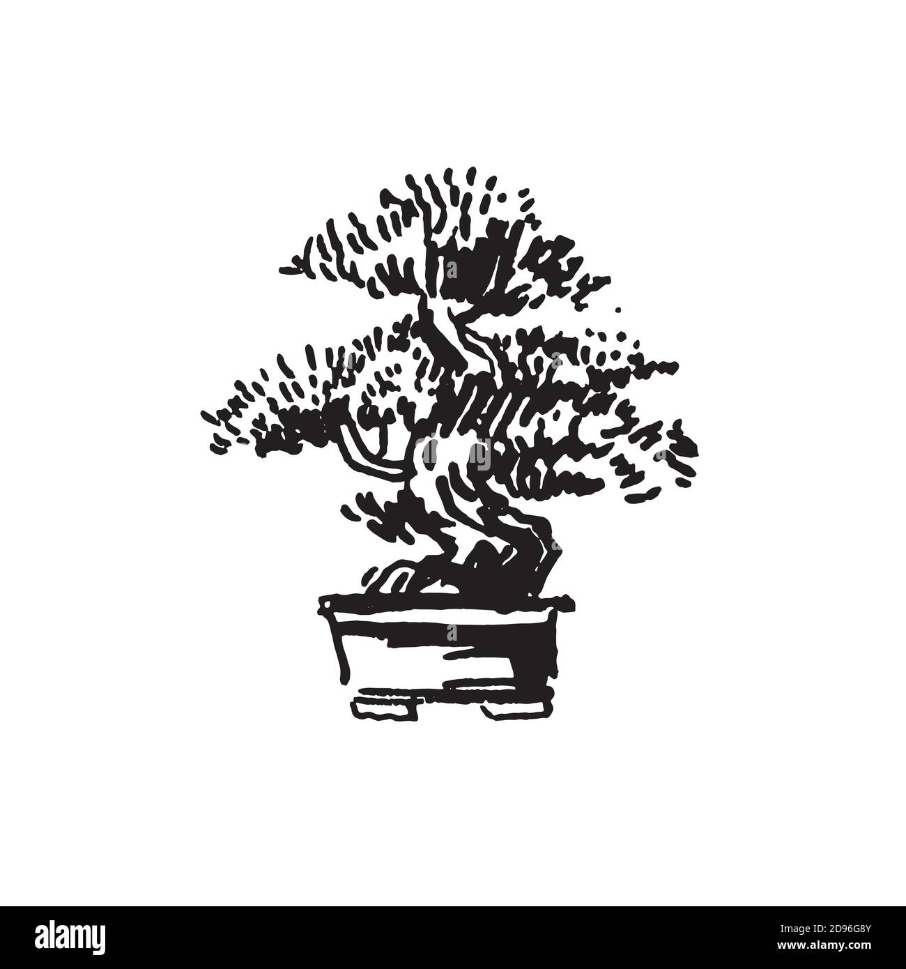 Japanischer alter Bonsai Baum im Topf handgezeichnetes Logo Stock Vektor