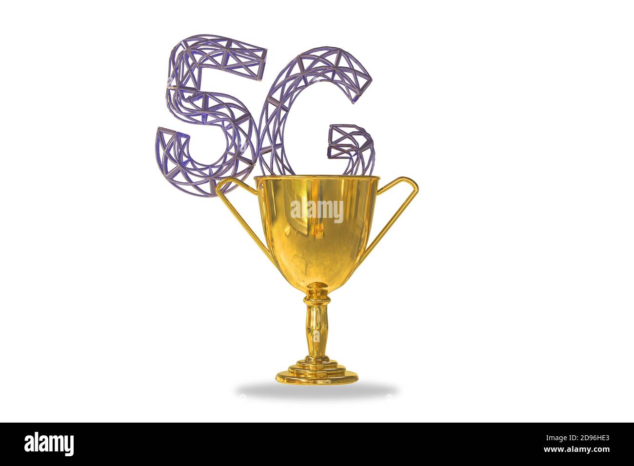 Goldene Trophäenschale isoliert auf weißem Hintergrund mit einem 5G-Buchstaben in Form von Telekommunikationsturm im Inneren. Möglichkeiten. 3d-Illustration Stockfoto