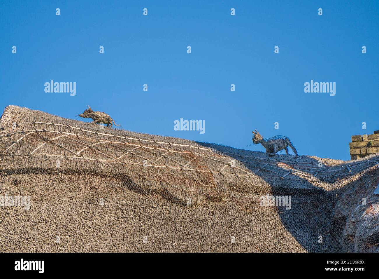 Reetdach mit dekorativer Katze jagen eine Maus, Shankling Isle of Wight UK. Oktober 2020 Stockfoto