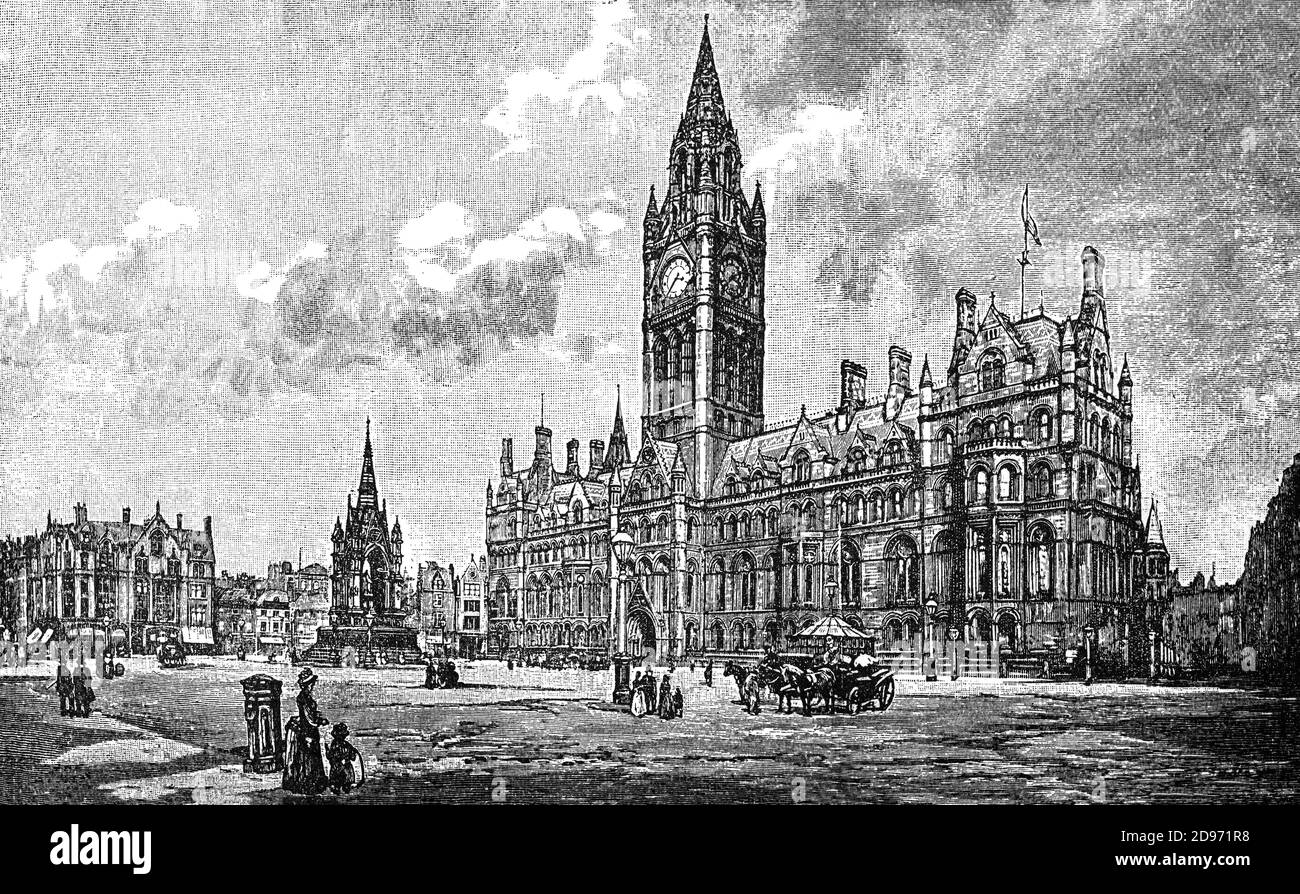 Das Manchester Town Hall, entworfen von Francis Goodwin und zwischen 1822 und 1825 erbaut, ein Großteil davon von David Bellhouse, am Albert Square gilt als eines der schönsten Beispiele neugotischer Architektur im Vereinigten Königreich. Stockfoto