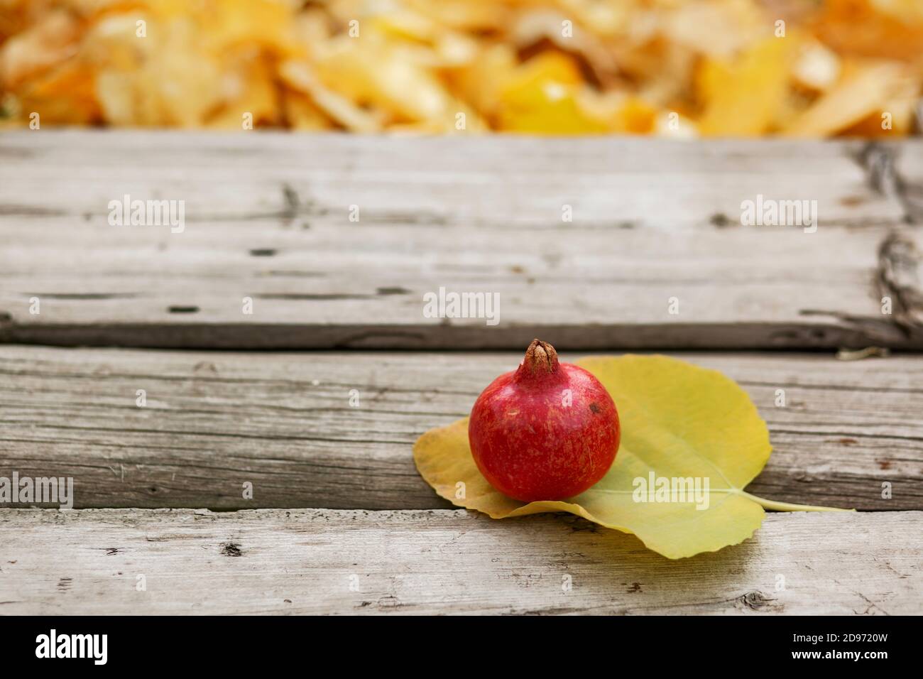 Ein winziger Granatapfel, der mit Feigenblatt auf Holzbrett rollt Stockfoto