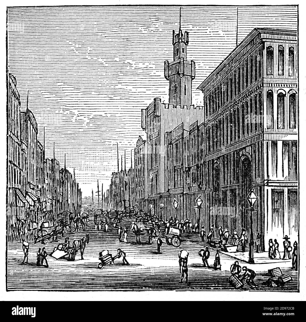 Eine Ansicht der Market Street aus dem späten 19. Jahrhundert, die ursprünglich als High Street bekannt war, in Philadelphia, Pennsylvania. Market Street wurde als die historischste Autobahn in den Vereinigten Staaten bezeichnet: Viele Aktivitäten von Benjamin Franklin waren entlang der Market Street zentriert; Thomas Jefferson schrieb die Unabhängigkeitserklärung in einer Pension; Das Herrenhaus von Robert Morris, Finanzierer der amerikanischen Revolution, bekannt als das Haus des Präsidenten, wurde von George Washington und John Adams als ihre Residenz während ihrer Zeit als Präsident verwendet. Es ist immer noch einer der wichtigsten Standorte der Wirtschaft und des Handels Stockfoto