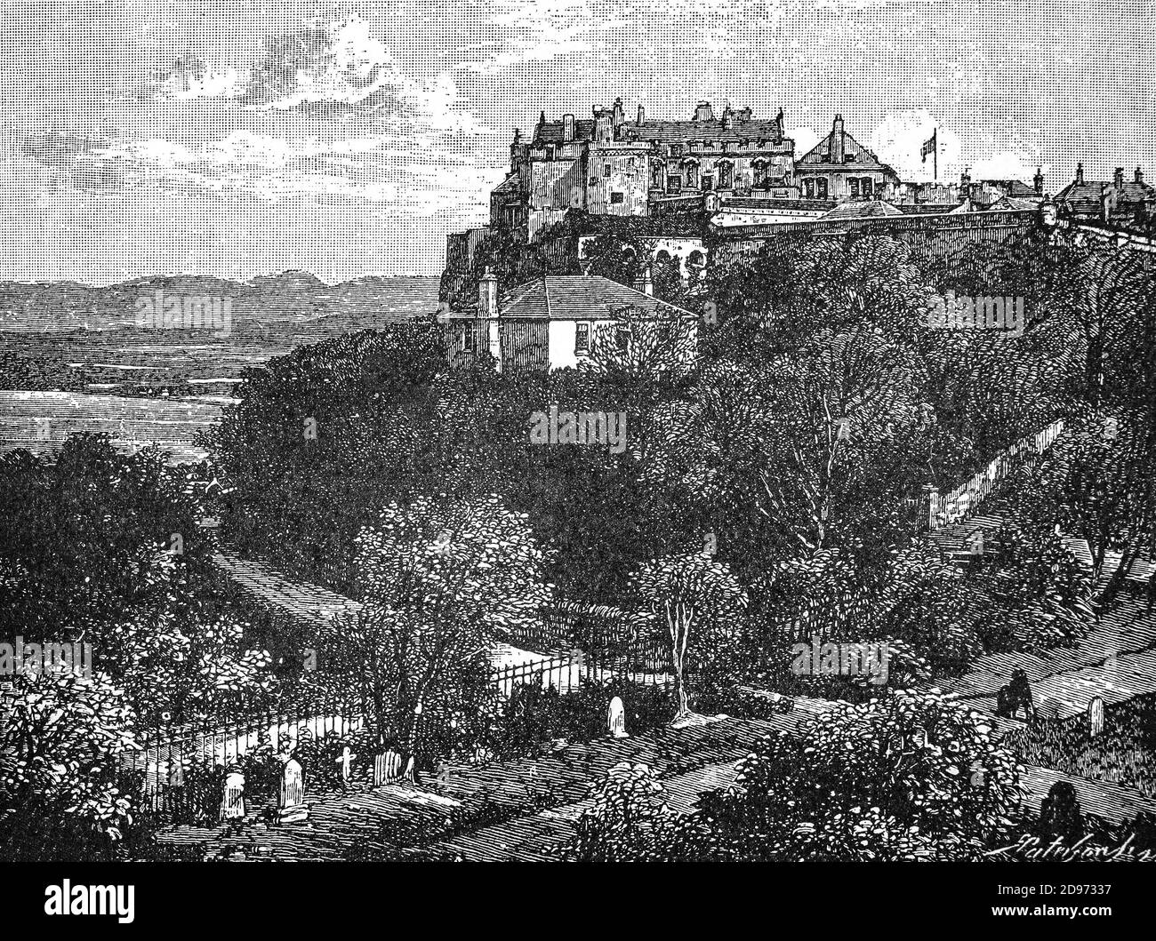 Ein Blick auf die Burg Stirling aus dem späten 19. Jahrhundert, von denen die meisten aus dem 15. Und 16. Jahrhundert stammen. Vor der Vereinigung mit England war Stirling Castle eine der meistgenutzten schottischen Königsresidenzen, ein Palast sowie eine Festung. Mehrere schottische Könige und Königinnen wurden in Stirling gekrönt, darunter Mary, Königin der Schotten, in 1542. Es gab viele Belagerungen, zuletzt 1746, als Bonnie Prince Charlie erfolglos versuchte, das Schloss zu übernehmen. Stockfoto