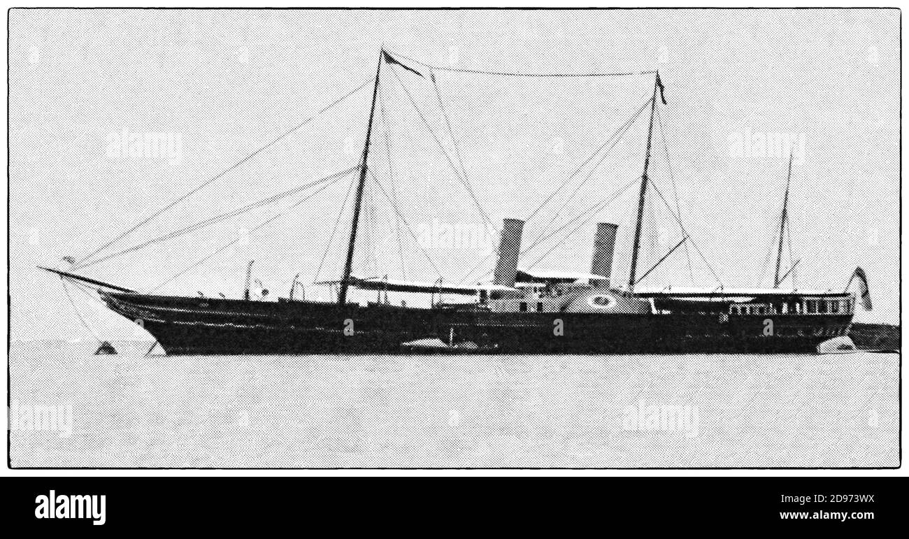 Ein Foto aus dem späten 19. Jahrhundert von HMY Osborne, einem Raddampfer Royal Yacht der Royal Navy of the United Kingdom. Entworfen von Edward James Reed, wurde sie am 19. Dezember 1870 im Pembroke Royal Dockyard gestartet und von Guglielmo Marconi für Experimente in der drahtlosen Telegrafie verwendet. Stockfoto