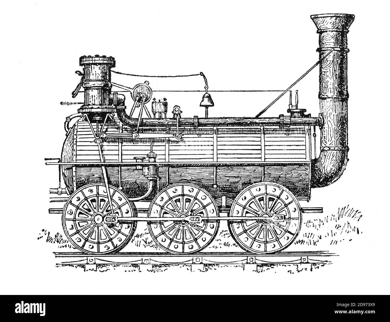 Eine Skizze aus dem späten 19. Jahrhundert von Timothy Hackworth's 'Sans Pareil' oder 'Royal George' von 1827, einer frühen 0-6-0 Lokomotive, die unter vielen neuen Schlüsselmerkmalen vor allem eine korrekt ausgerichtete Dampfblaspipe eingebaut hat. Stockfoto Eine Skizze aus dem späten 19. Jahrhundert von Timothy Hackworth's 'Sans Pareil' oder 'Royal George' von 1827, einer frühen 0-6-0 Lokomotive, die unter vielen neuen Schlüsselmerkmalen vor allem eine korrekt ausgerichtete Dampfblaspipe eingebaut hat. Stockfoto