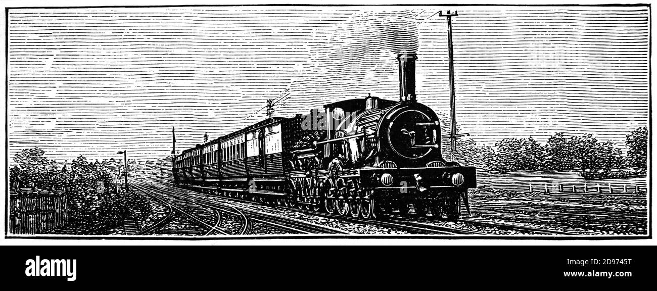Blick auf den Flying Dutchman aus dem späten 19. Jahrhundert, ein Passagierzug von London Paddington nach Exeter St Davids. Es lief von 1849 bis 1892, ursprünglich über die Great Western Railway (GWR) und dann die Bristol and Exeter Railway. Mit der Erweiterung des GWR wechselte das Ziel des Zuges nach Plymouth und kurz nach Penzance. Benannt wurde es nach dem Flying Dutchman, einem berühmten Rennpferd, das 1849 sowohl das Derby als auch St. Leger gewonnen hatte. Stockfoto