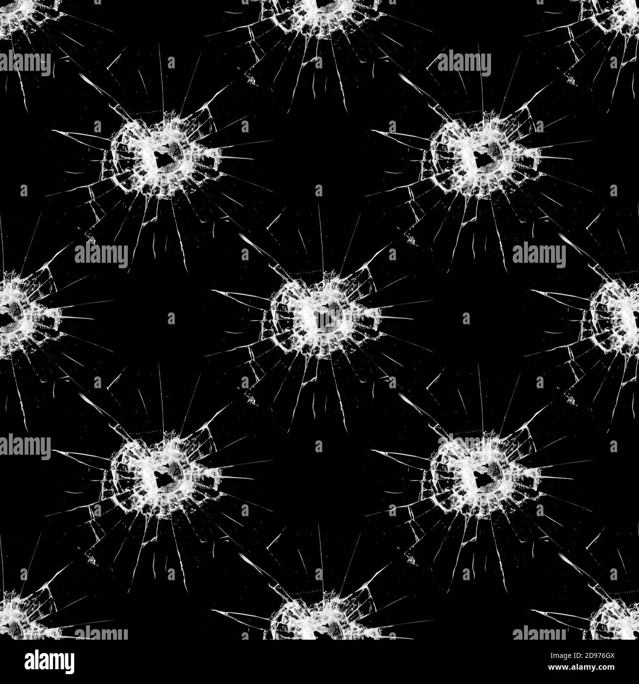 Nahtloses Muster mit Rissen auf Glas isoliert auf schwarzem Hintergrund Stockfoto