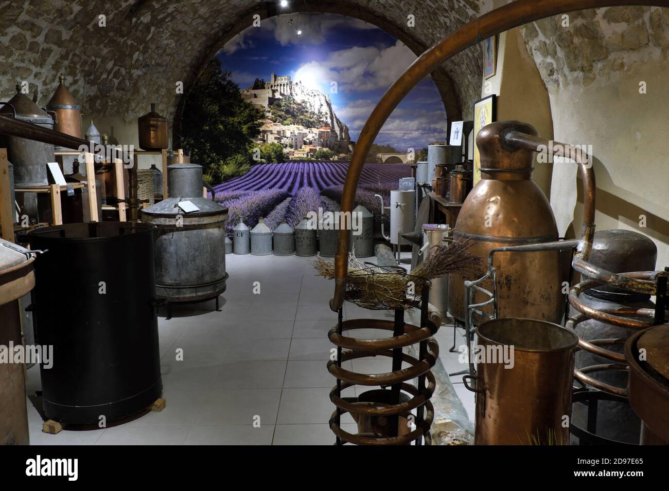 Ausstellung von Destillierkolben zum Destillieren von Lavendel, Laden von Absolue Lavande, Rue de la Sauneraie, Sisteron, Alpes de Haute Provence, Frankreich Stockfoto