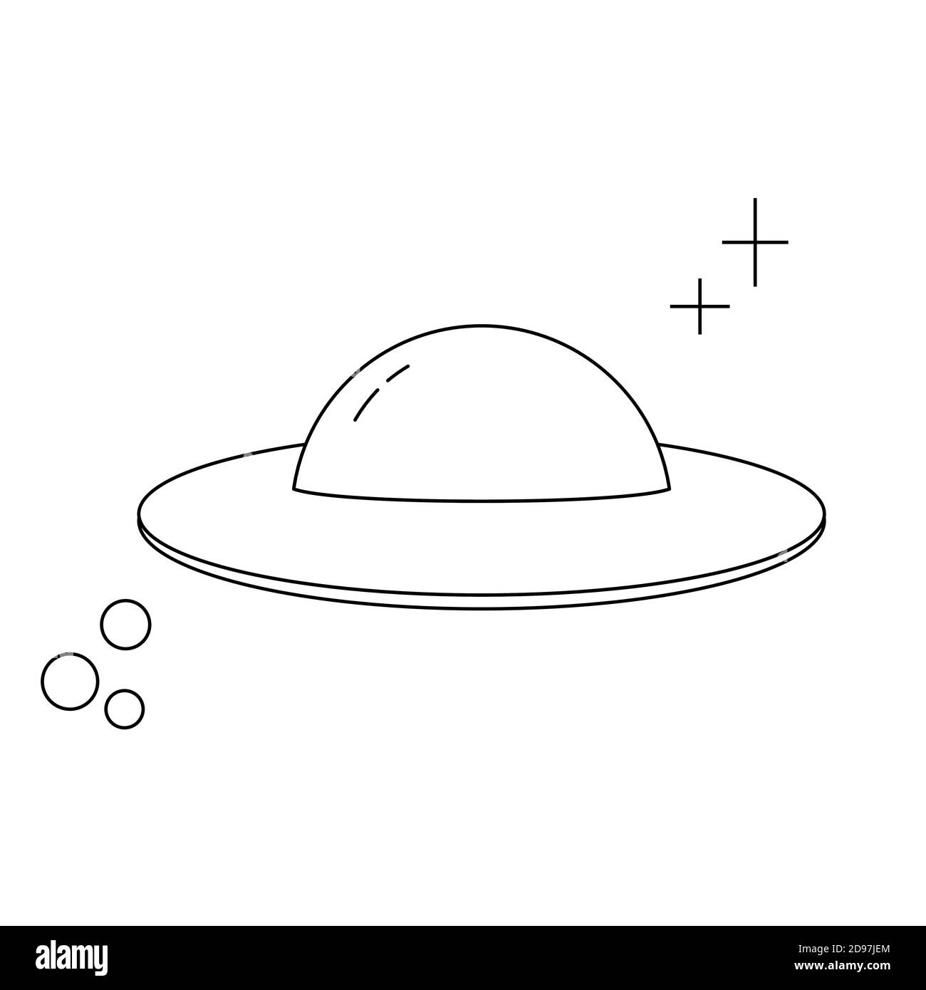 Cartoon ufo für Flyer-Design. Isolierte Vektordarstellung. Universum Galaxie. Linienzeichnung. Vektorsymbol. Fliegende Untertasse. Stock Vektor
