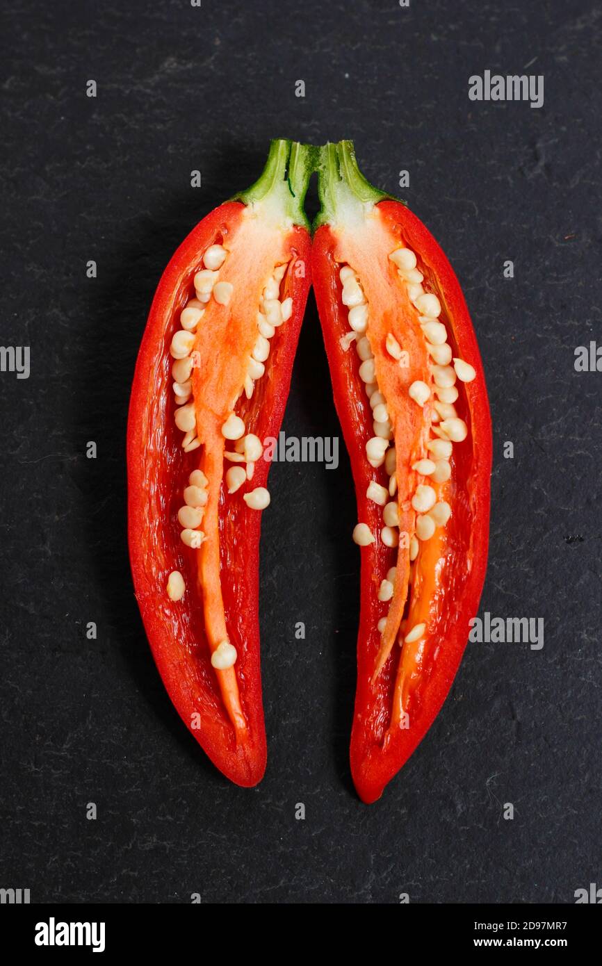 Homegrown jalapeno Chilischoten aufgeschnitten, um Samen zu offenbaren. VEREINIGTES KÖNIGREICH Stockfoto