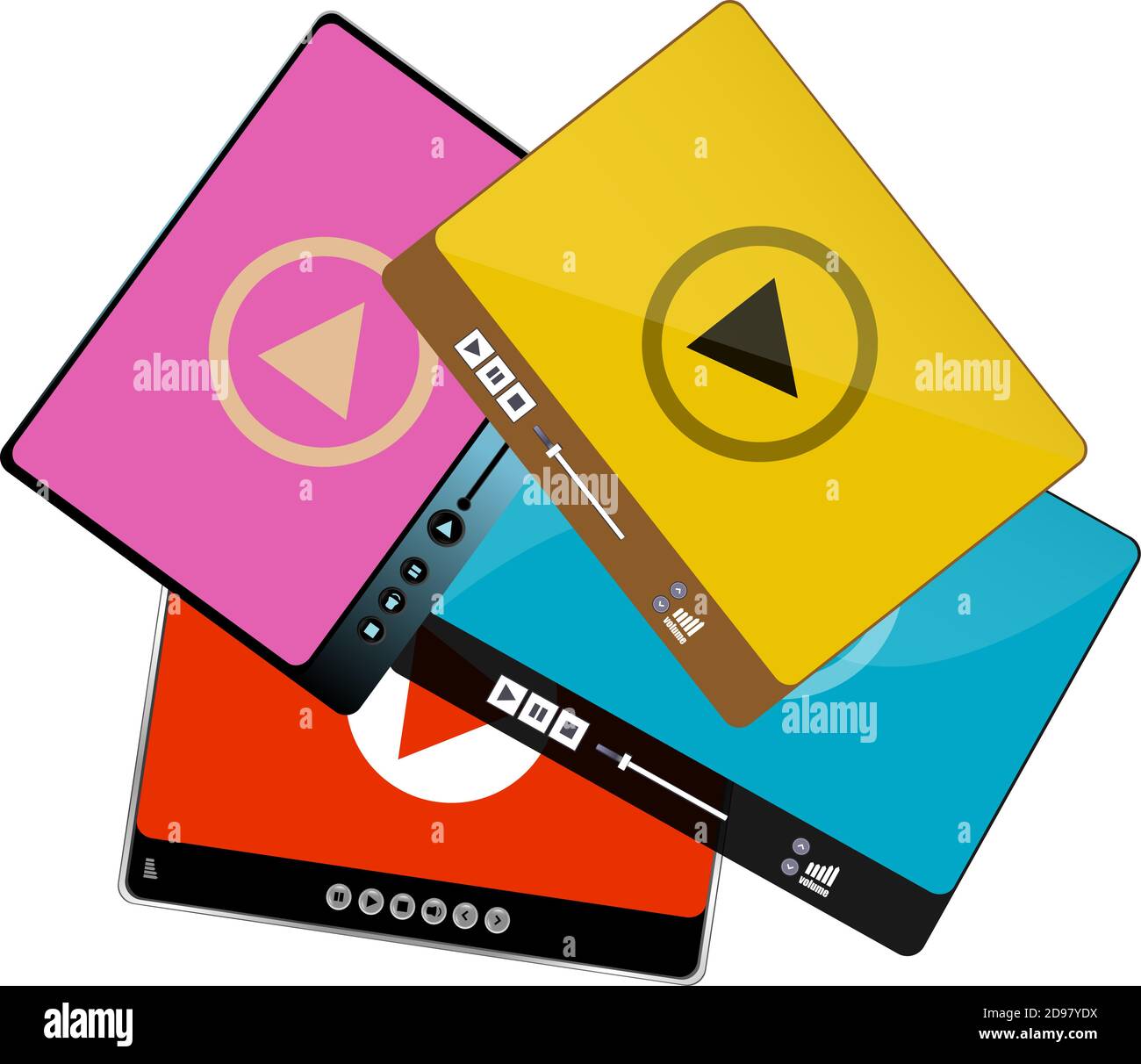 Moderner Videoplayer in flachem Stil. Vorlage für die Videoplayer-Schnittstelle für Web- und mobile Apps. Mediaplayer eingestellt. Stockfoto