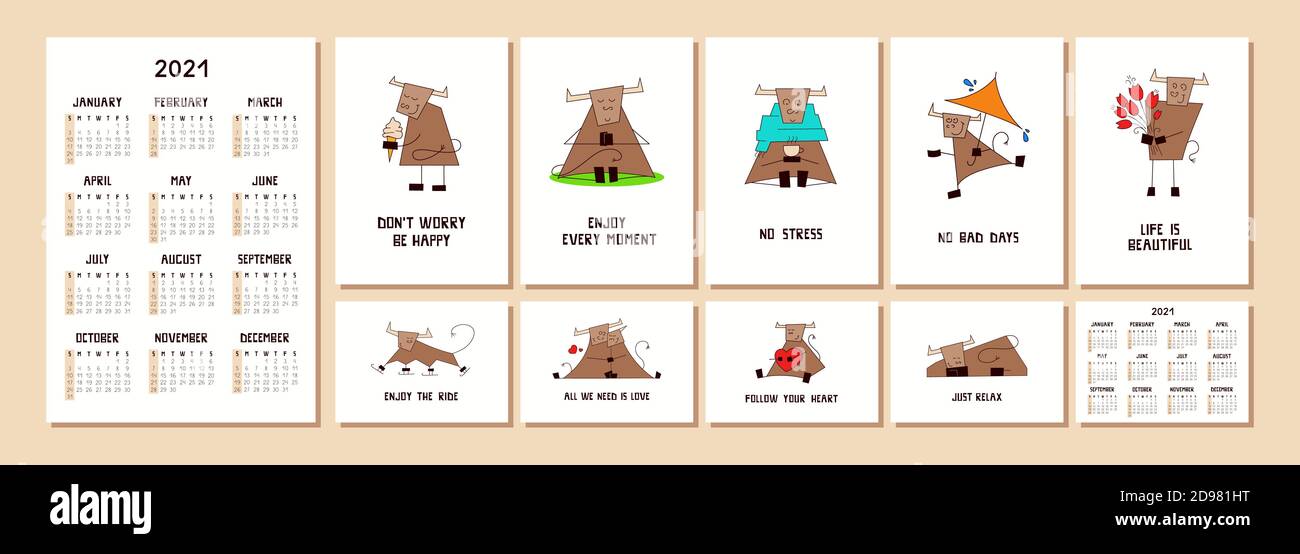 Vector Set mit 2021 Taschenkalendern. Vertikales und horizontales Format. Chinesisches Neujahrssymbol. Glücklich lächelnd Ochse, Stier, Kuh. Die Woche beginnt am Sonntag Stock Vektor