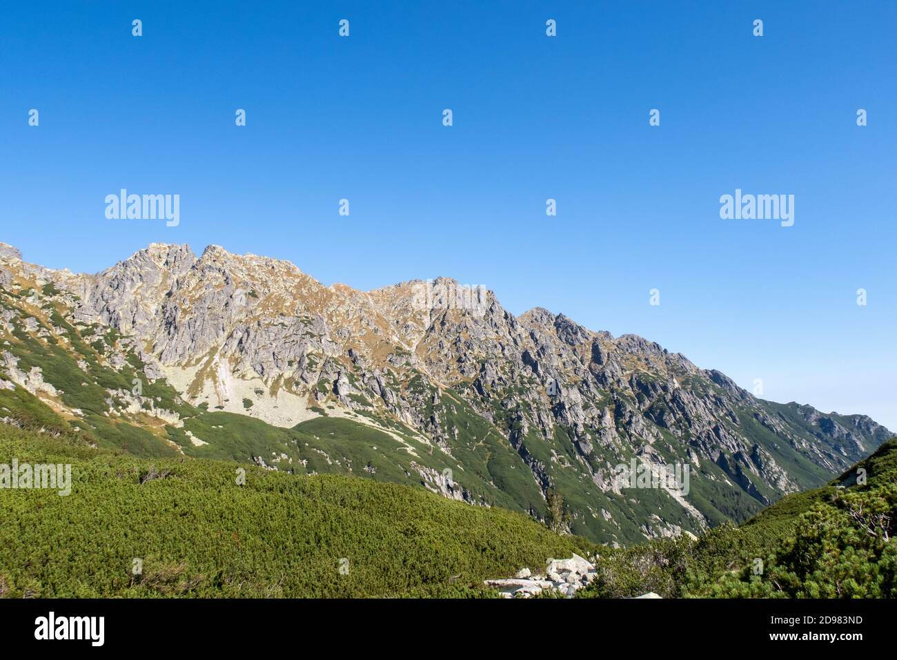 Landschaft der felsigen Gebirgskette Granaty und Krzyzne Pass in fünf polnischen Teichen Tal in der Tatra, Polen. Stockfoto
