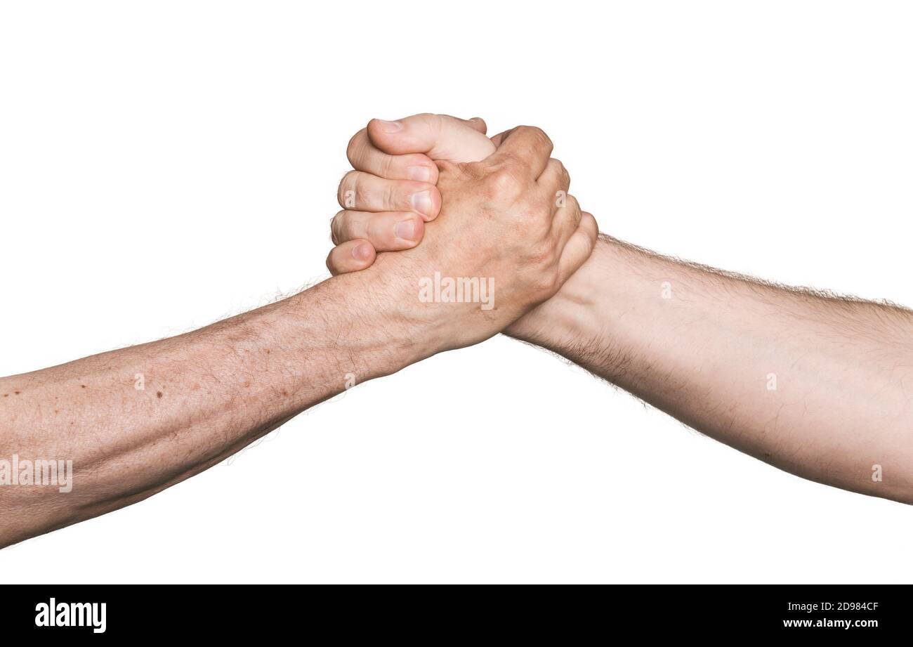 Handshake. Handschlag des Mannes isoliert auf weißem Hintergrund Stockfoto