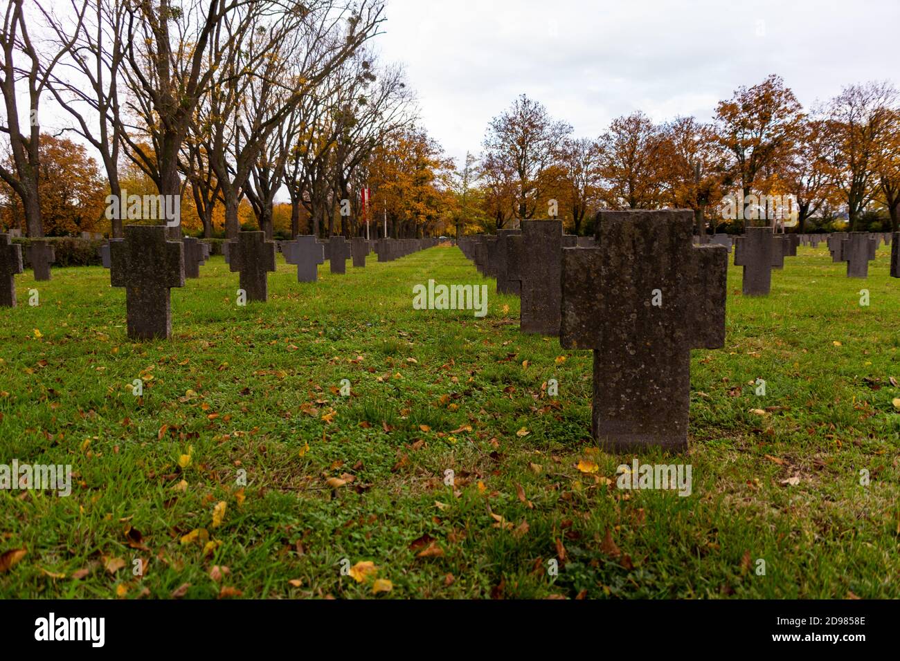 Deutscher Militärfriedhof am Wiener Zentralfriedhof an einem bewölkten Novembertag. Mehr als 7.000 deutsche Soldaten werden hier überzogen. Stockfoto