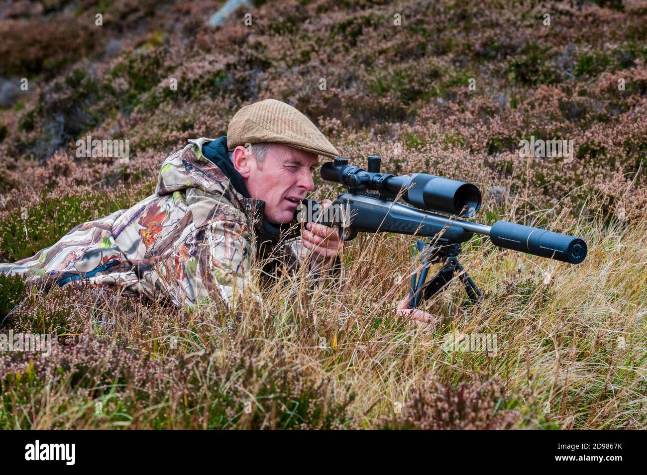 Schottland, Großbritannien – EIN Deerstalker in den schottischen Highlands auf der Suche nach einem Red Deer Stag während der Keulungssaison Stockfoto