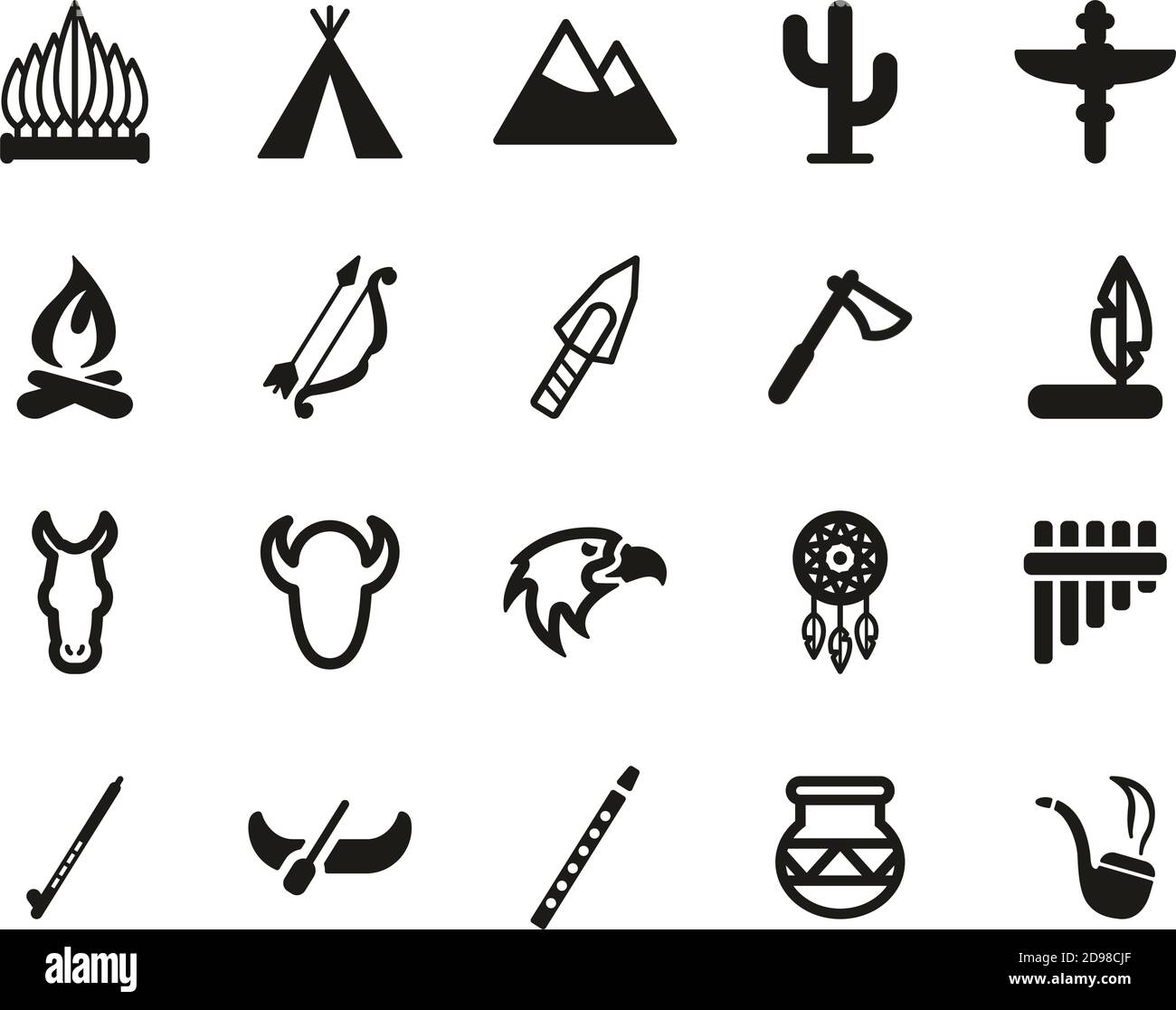 Native American Culture Icons Black & White Set Big Stock Vektor