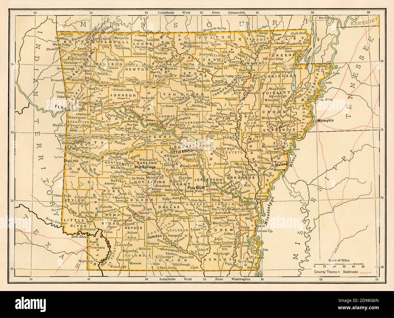 Karte von Arkansas, 1870er. Farblithographie Stockfoto