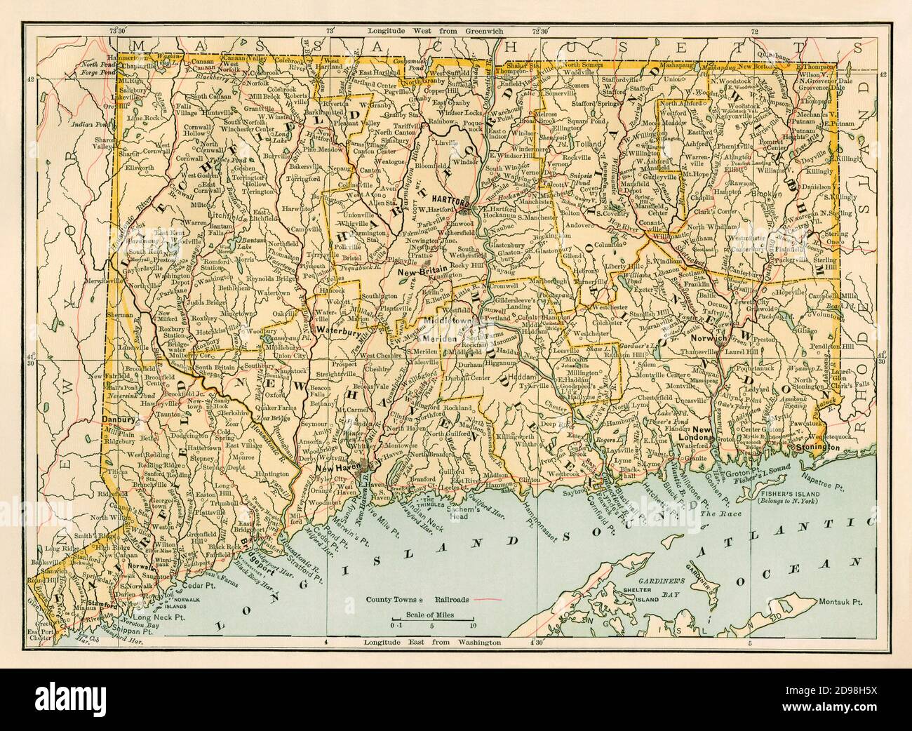 Karte von Connecticut, 1870er. Farblithographie Stockfoto