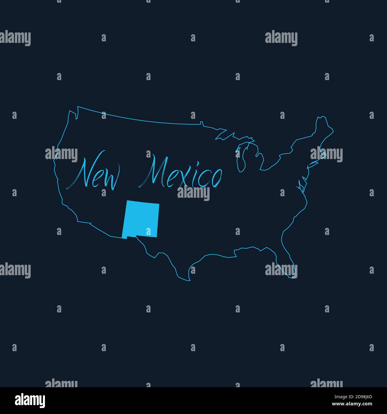 Bundesstaat New Mexico auf der Karte der Vereinigten Staaten von Amerika hervorgehoben, Vorlage für Infografiken der USA. Vektordarstellung auf blauem Hintergrund isoliert. Stock Vektor