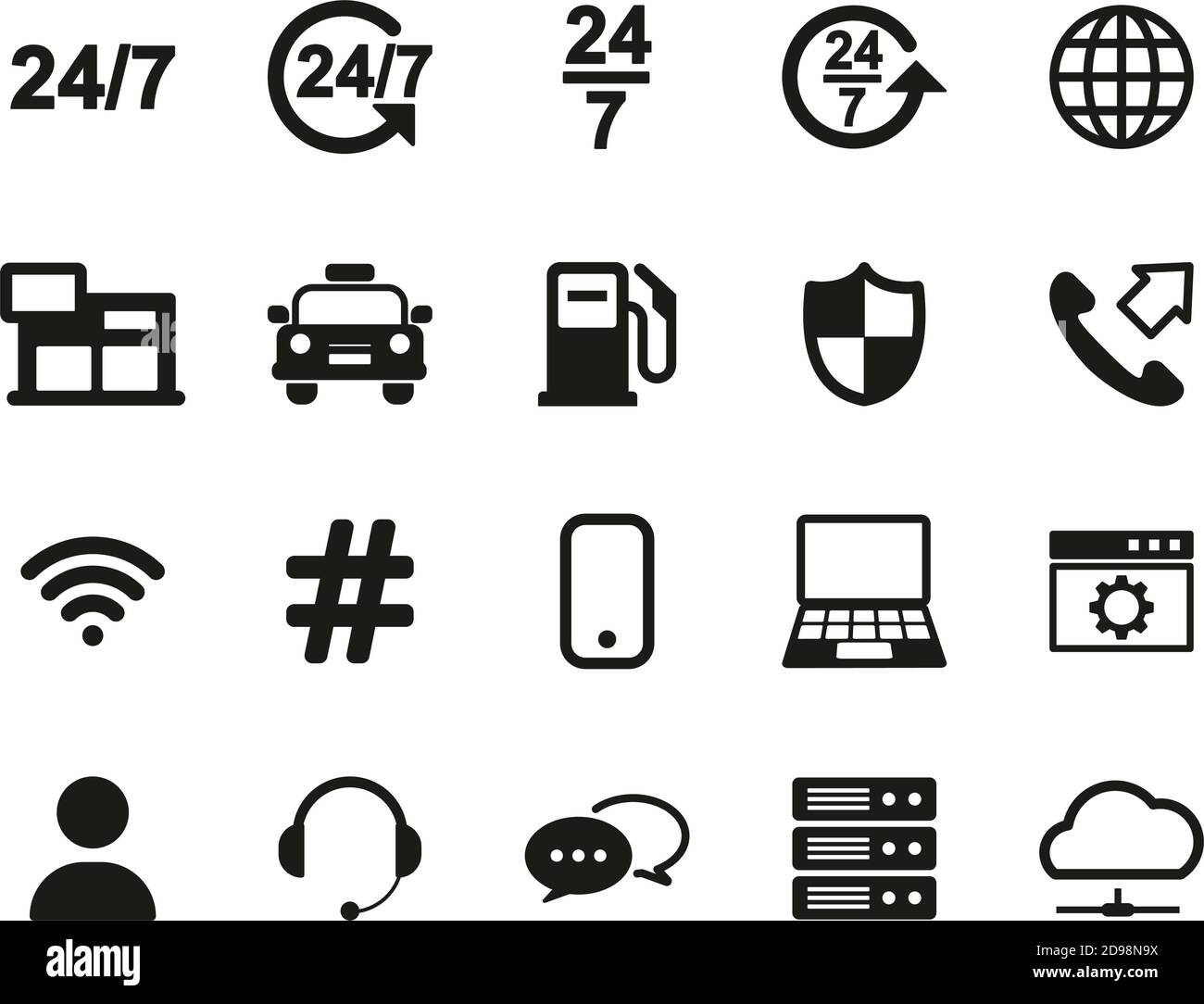 Nonstop-Service oder 24/7 Service-Symbole Schwarz-Weiß-Set Groß Stock Vektor