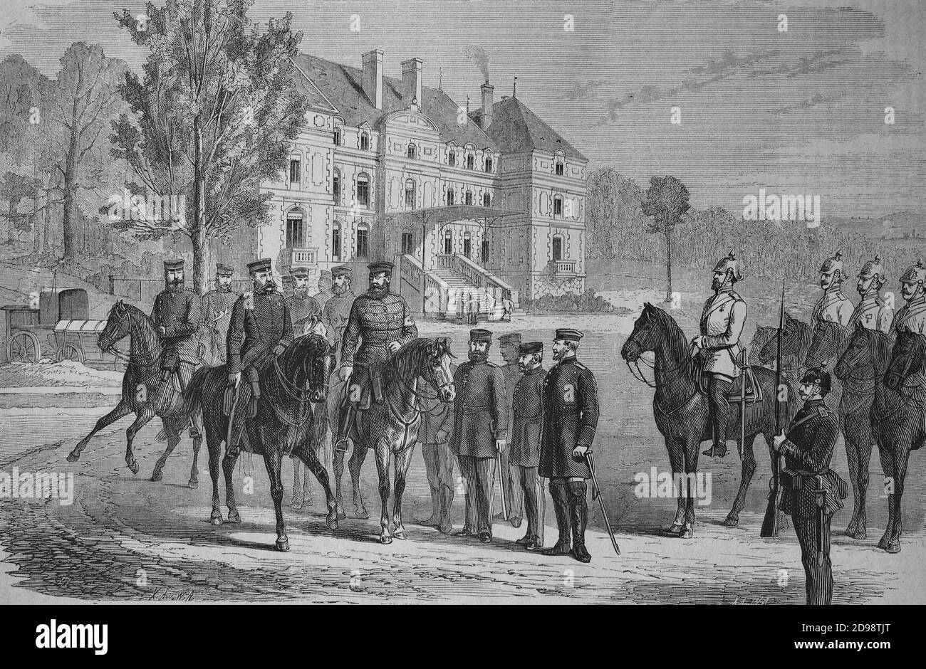Vor dem Hauptquartier des sächsischen Kronprinzen in Margency, im Gefolge des Kronprinzen befindet sich der Johanniter Offizier Prinz Reuss, der links von dem ehemaligen, dem Fürsten von Schönburg, reitet, Der Generalmajor v. Schlottheim und die beiden Majors v. Schweinsel und Baron v. Welck, Frankreich, 1871 / vor dem Hauptquartier des Kronprinzen von Sachsen in Margency, im Gefolge des Kronprinzen befinden sich der Johannitreofficier Prinz Reuß, der dem Ersteren zur Linken reitet, der Fürst von Schönburg, Der Generalmaior v. Schlottheim und die beiden Majore v. Schweinsel und Freiherr v. W. Stockfoto