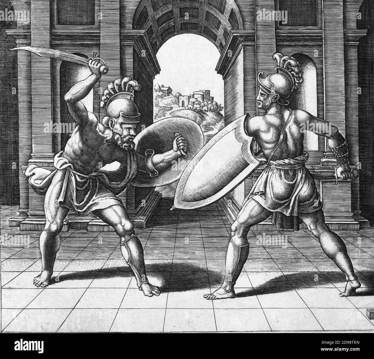 Roman Gladiator. Gravur mit dem Titel 'zwei Gladiatoren kämpfen vor einem Bogen' von Master of the die, c. 1530-60 Stockfoto