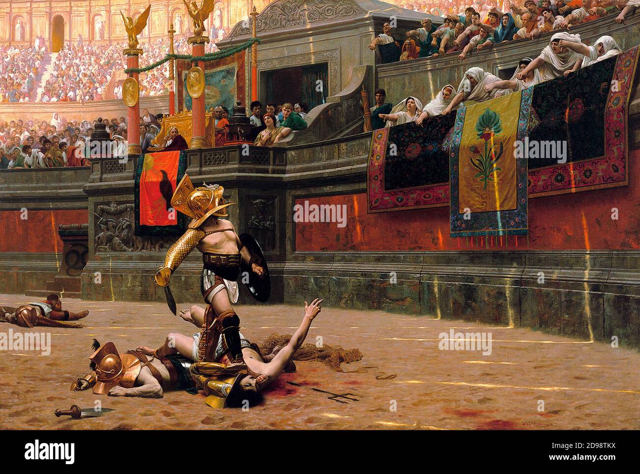 Roman Gladiator / Gladiatoren. Pollice Verso (Daumen nach unten) von Jean-Léon Gérôme (1824-1904), Öl auf Leinwand, 1872. Stockfoto