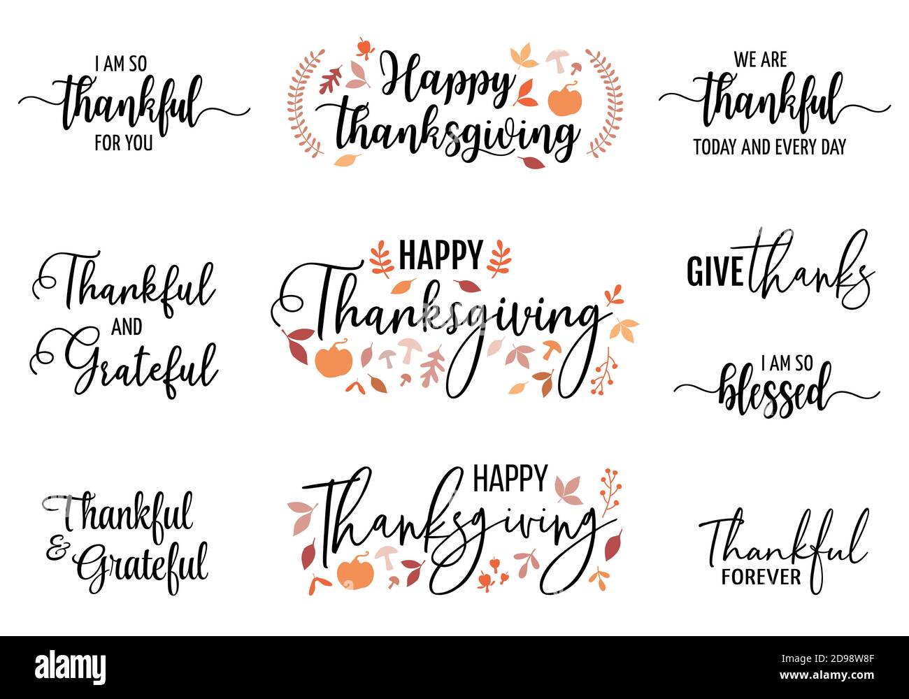 Happy Thanksgiving, handgeschriebene Zitate, Überschriften für Karten, Handschriftzug, Vektor-Set von grafischen Design-Elementen Stock Vektor