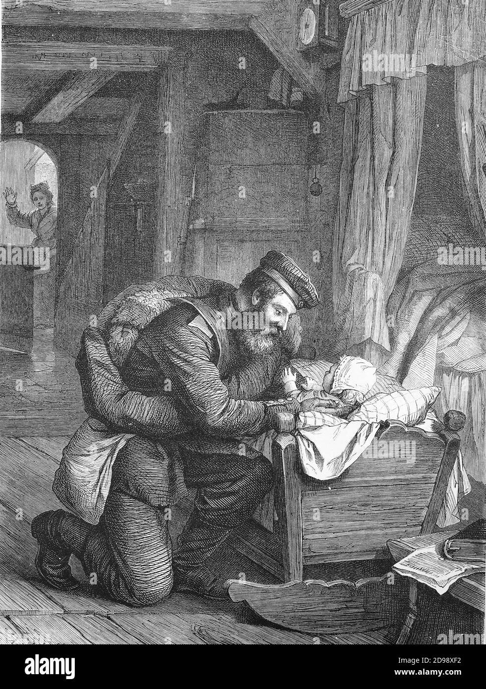 Soldat aus dem Deutsch-Französischen Krieg grüßt sein Kind, Deutschland, 1871 / Soldat der aus dem Deutsch-Französischen Krieg heimkommt, begrüßt zuerst sein Kind, Deutschland, 1871, Historisch, historisch, digital verbesserte Reproduktion eines Originals aus dem 19. Jahrhundert / digitale Reproduktion einer Originalvorlage aus dem 19ten Jahrhundert. Jahrhundert, Stockfoto