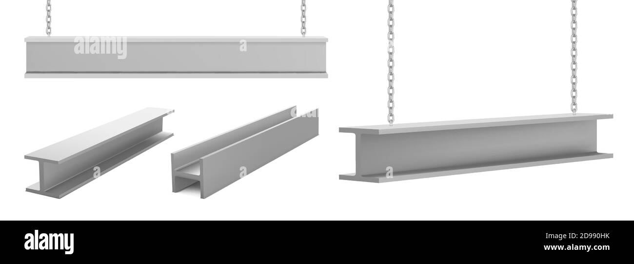 Stahlträger, gerade Metall Industrie-Träger Stücke hängen an Ketten für Bau-und Bauarbeiten Kran heben Eisen Balken isoliert auf weißem Hintergrund, realistische 3d-Vektor-Illustration, Set Stock Vektor