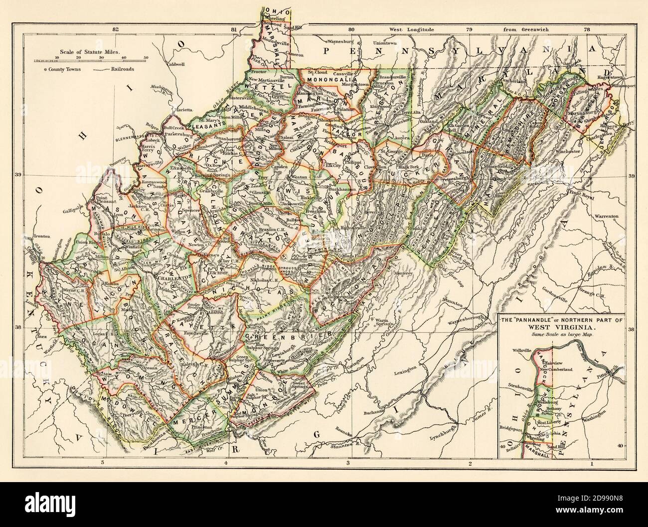 Karte von West Virginia, 1870er Jahre. Farblithographie Stockfoto