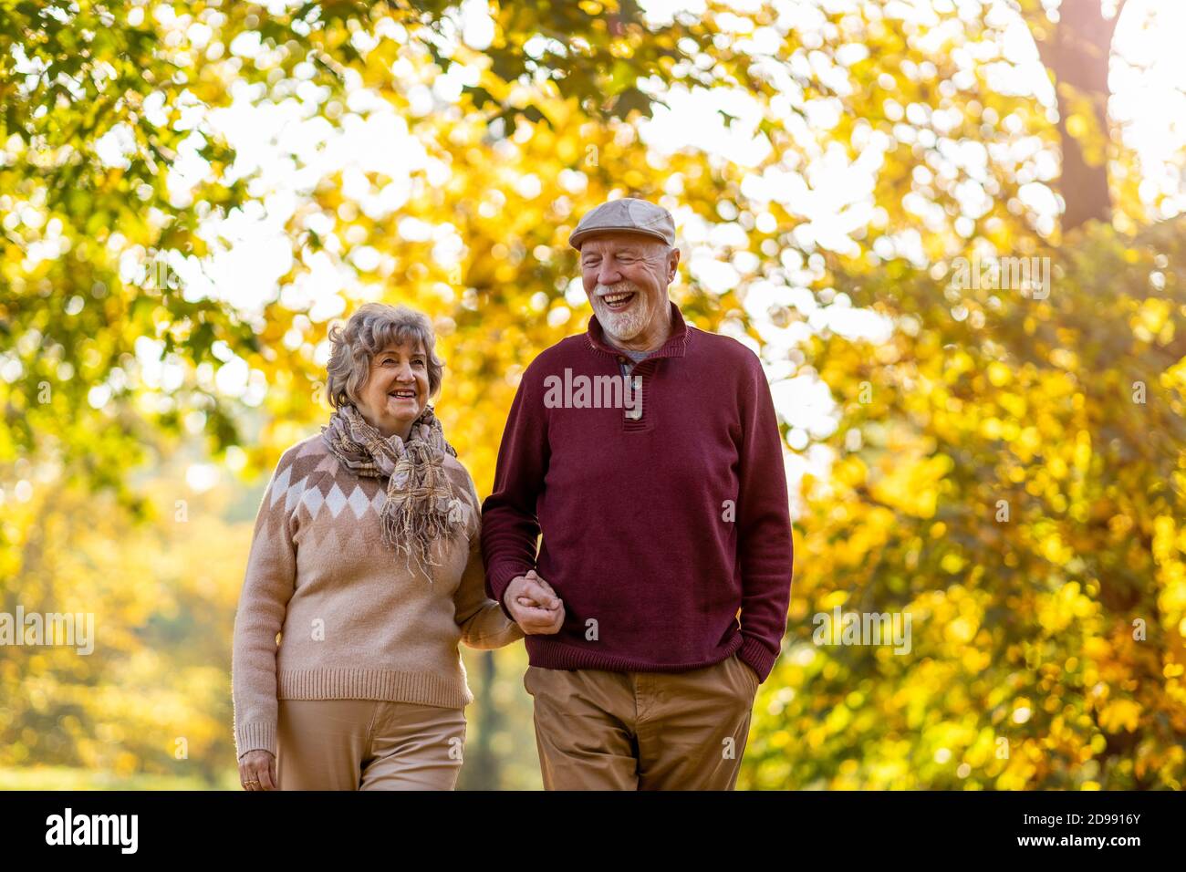 Glückliches Seniorenpaar, das Zeit zusammen in einem wunderschönen Stadtpark verbringt Im Herbst Stockfoto