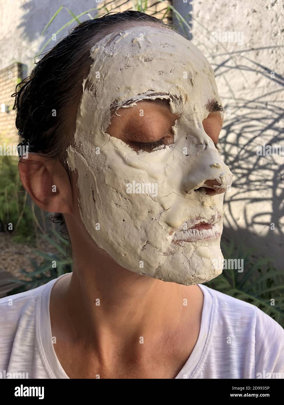 Ton und Aloe Vera Maske handgefertigt während der Quarantäne. Stockfoto