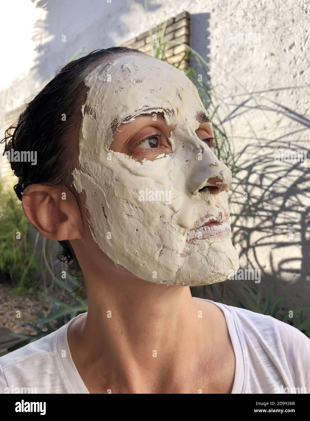 Ton und Aloe Vera Maske handgefertigt während der Quarantäne. Stockfoto