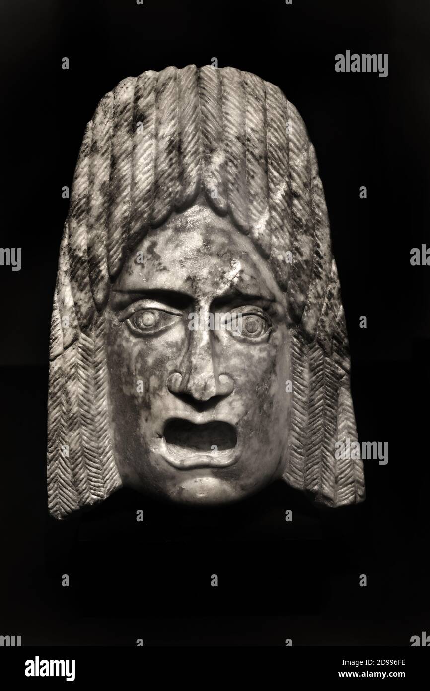 Tragische Maske, 1.-2. Jahrhundert n. Chr. Marmor. Von Banuelos (Provinz Avila, Kastilien und Leon, Madrid, Archäologisches Nationalmuseum, Spanien, Stockfoto