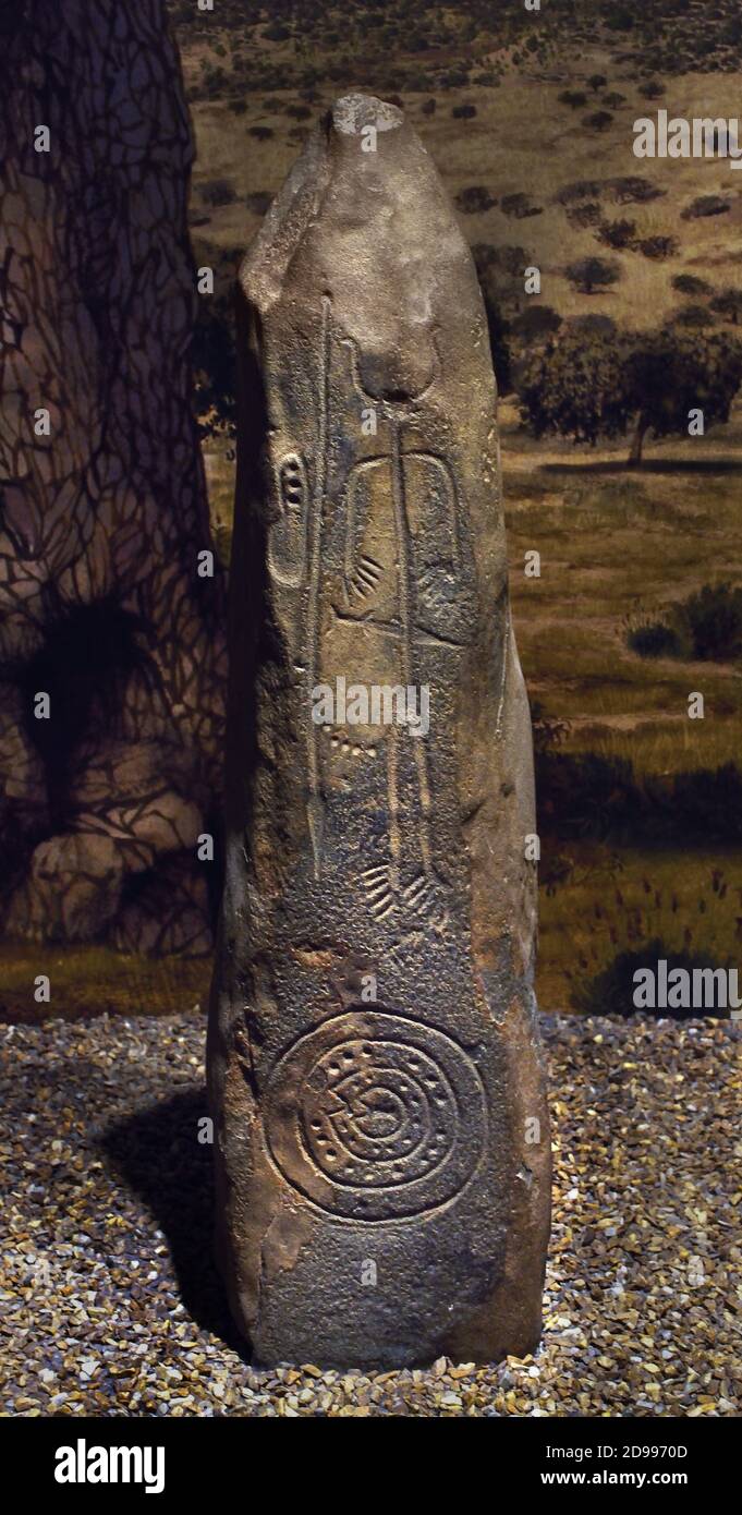 Kriegerstela. Stein. Späte Bronzezeit. Magacela, Badajoz, Spanien. Nationales Archäologisches Museum, Madrid. Spanien Stockfoto