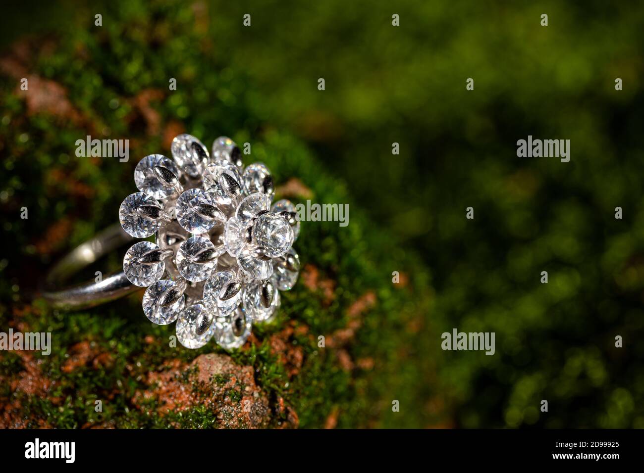 Moderner Blumenstil Ring mit Kristallen auf natürlichem Moos Hintergrund Stockfoto