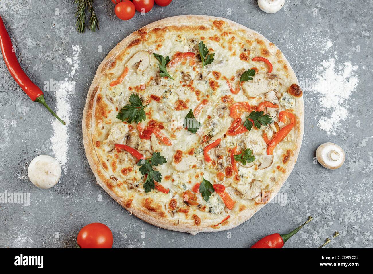 Chicken-Blue Pizza mit Tomaten, Mozzarella und Dor Blue Käse auf grauem Hintergrund Stockfoto