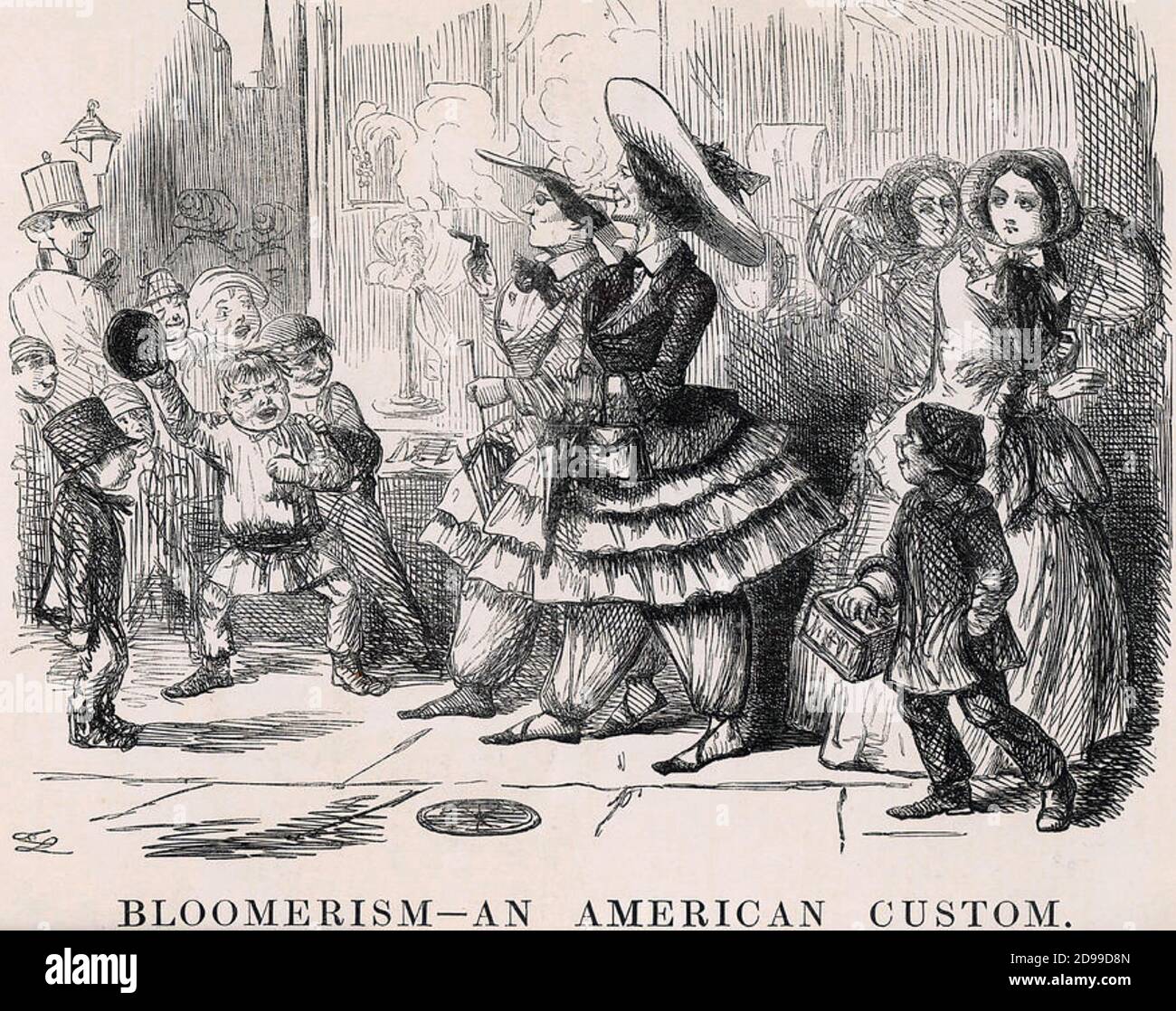 BLOOMERISM ein 1850 englischer Karikatur satirizing die amerikanische Mode nehmen Sein Name stammt von der Frauenrechtlerin Amelia Bloomer Stockfoto