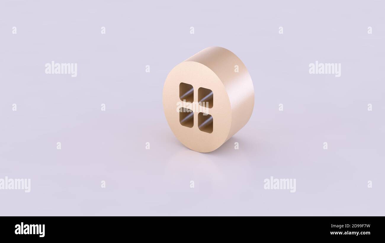 3D isolierte goldfarbene Scheibe eines Zylinders von der Seitenansicht mit Technologie-Symbolen gesehen. Auf weißem Hintergrund. Stockfoto