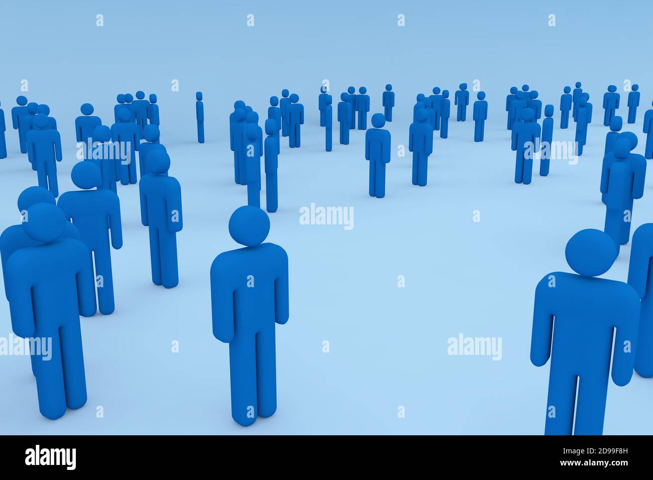 3D Render: Männliche Darstellung einer Menschenmenge, die aufgrund der Coronavirus-Pandemie in sicherer Entfernung zueinander steht. Stockfoto