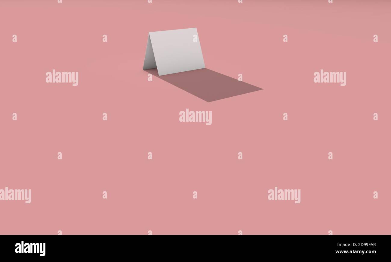 Ein weißes Papier gefaltet als Karte in 3d auf rosa Hintergrund erstellt. 3d-Darstellung der weißen Visitenkarte mit harter Beleuchtung. Stockfoto